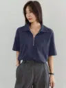 VIROX Women Solid Zip Neck Reversible Cotton Blend Navy Blue T-Shirt