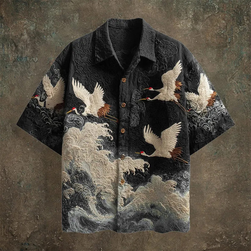 VIROX Vintage Embroidered Crane Shirt – Japanese Wave Art Short Sleeve Shirt (S)