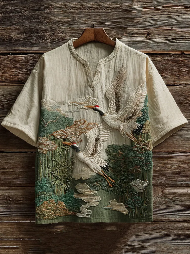 VIROX Embroidered Crane Linen Shirt – Vintage Chinese Art Short Sleeve Shirt (S)