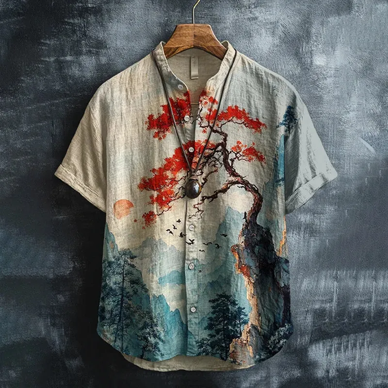 VIROX Vintage Ink Wash Linen Shirt with Red Blossom Tree Print – Short Sleeve (S)