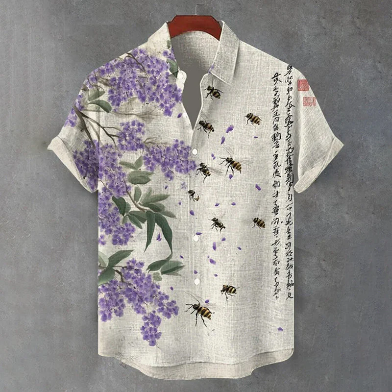 VIROX Floral Bee Print Linen Shirt – Vintage Asian Art Short Sleeve Shirt