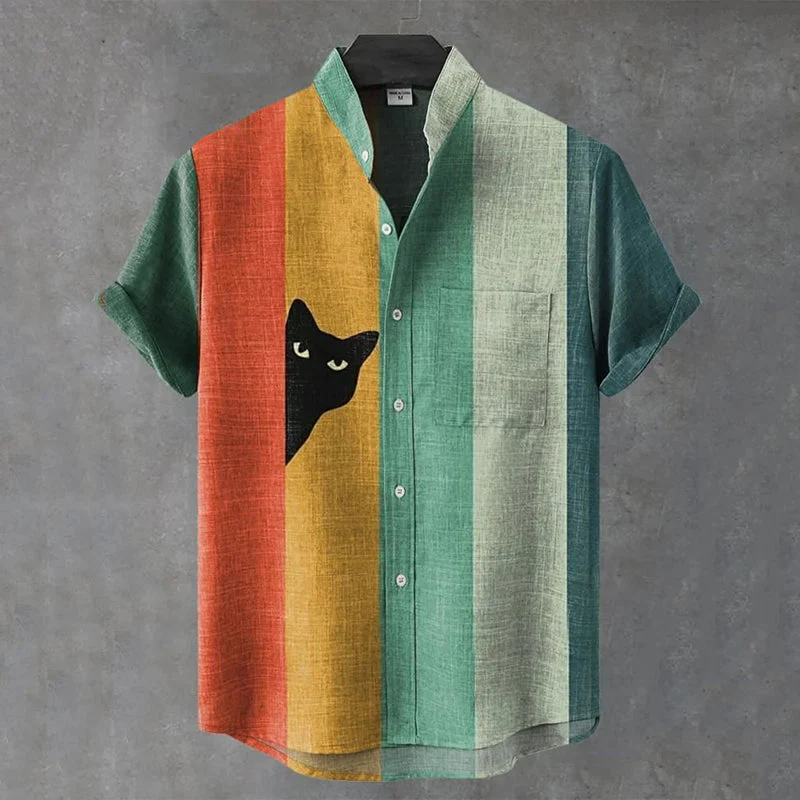 VIROX Vintage Color-Block Linen Shirt with Cat Print – Casual Short Sleeve (S)
