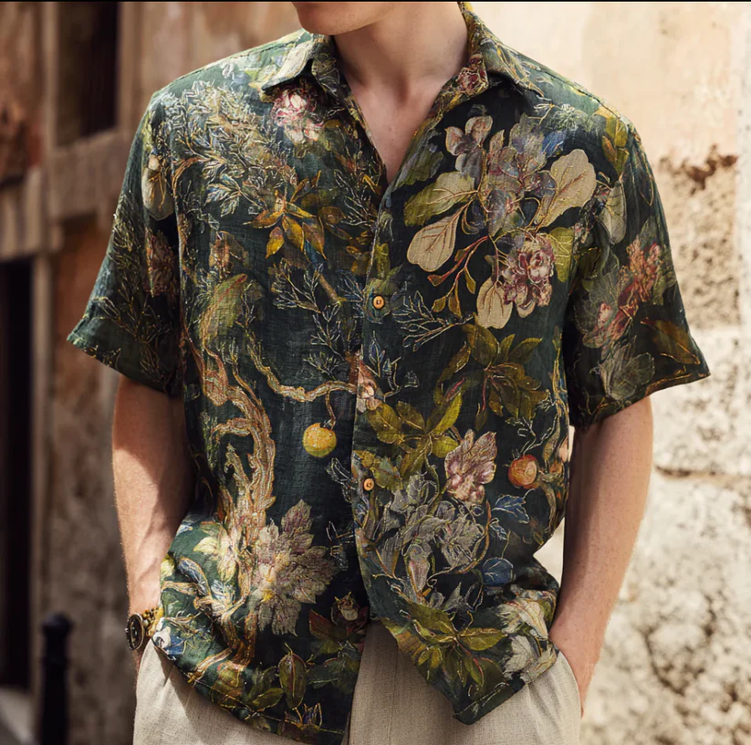 VIROX Vintage Botanical Floral Linen Shirt – Short Sleeve Button Up (S)