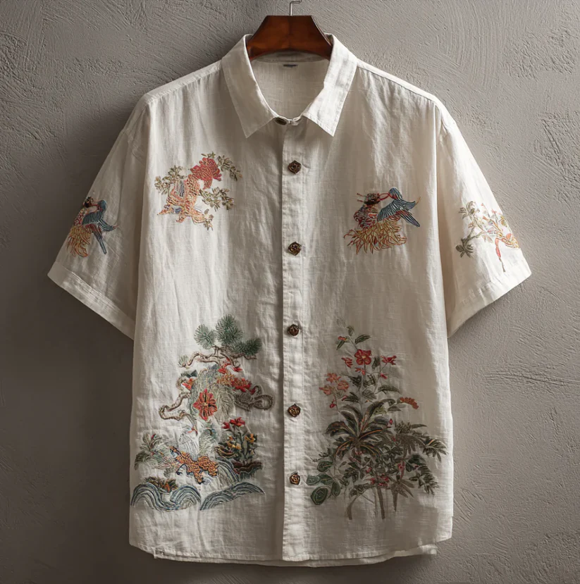 VIROX White Embroidered Linen Shirt – Vintage Bird & Floral Short Sleeve Button-Up (S)
