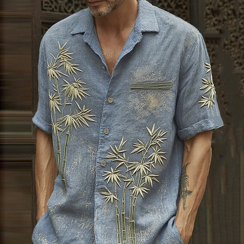 VIROX Blue Bamboo Embroidered Linen Shirt – Vintage Asian Short Sleeve (S)