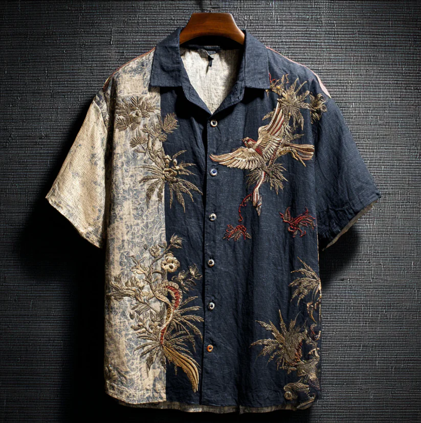 VIROX Vintage Black Linen Shirt with Flying Bird Art Print – Short Sleeve (S)