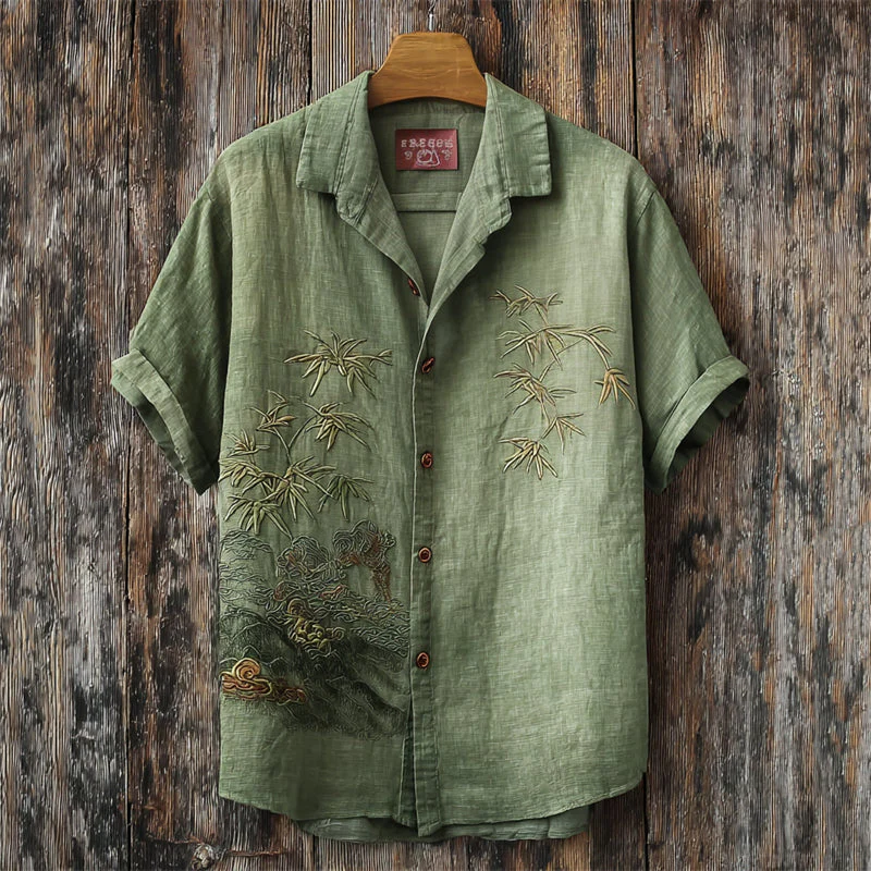 VIROX Bamboo Embroidered Linen Shirt – Vintage Green Short Sleeve Button-Up (S)