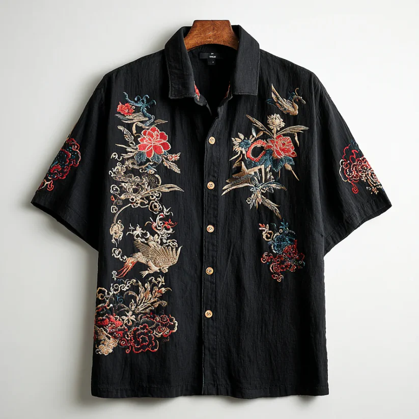 VIROX Black Embroidered Short Sleeve Shirt – Vintage Floral & Crane Art Button-Up
