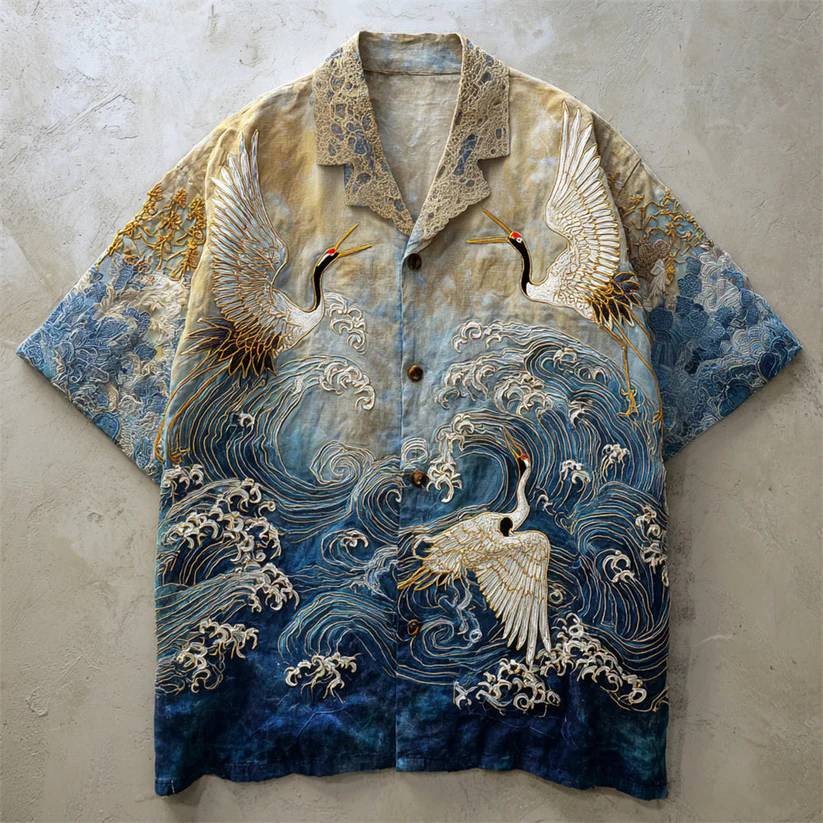 VIROX Crane Wave Embroidered Linen Shirt – Vintage Ocean Art Short Sleeve Button-Up (S)