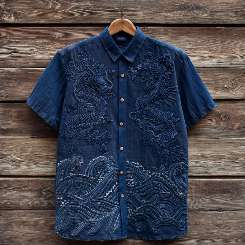 VIROX Dragon Embroidered Linen Shirt – Vintage Chinese Dragon Short Sleeve Shirt (S)