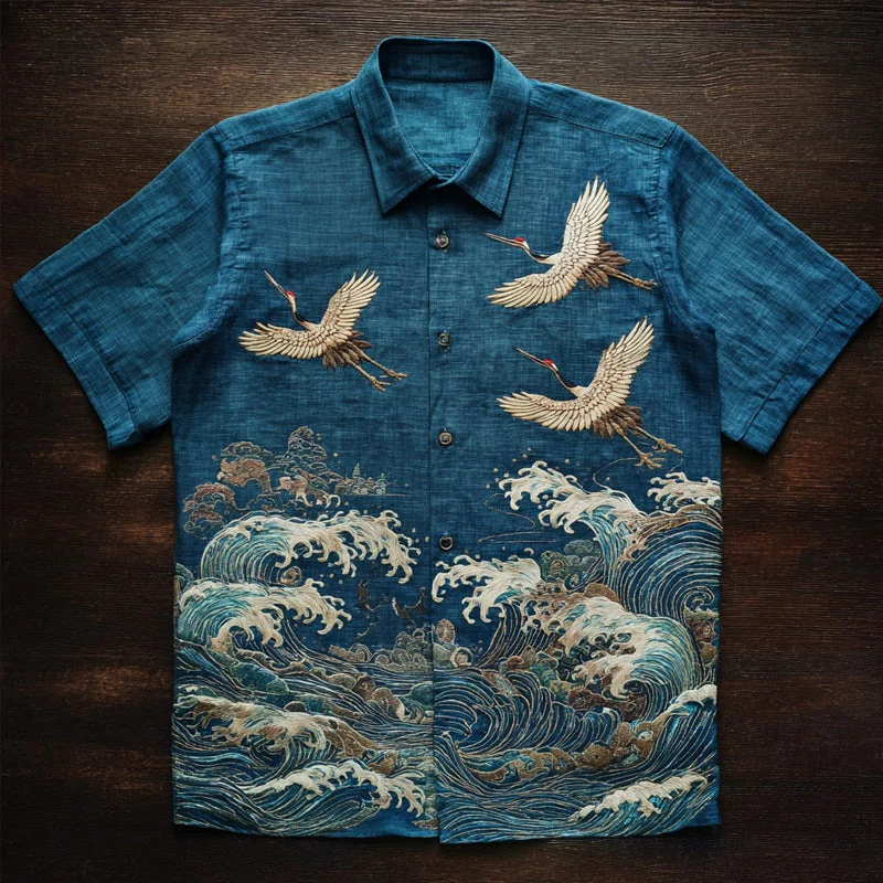 VIROX Crane & Ocean Wave Embroidered Shirt – Vintage Linen Short Sleeve (S)