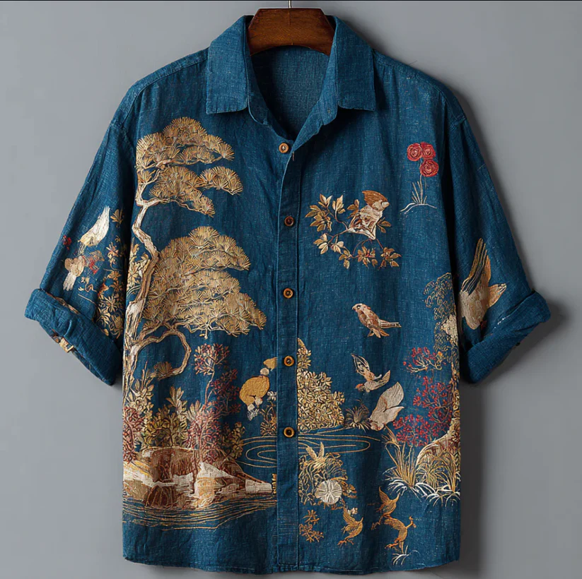 VIROX Vintage Blue Linen Shirt with Bird & Nature Art Print – Short Sleeve (S)