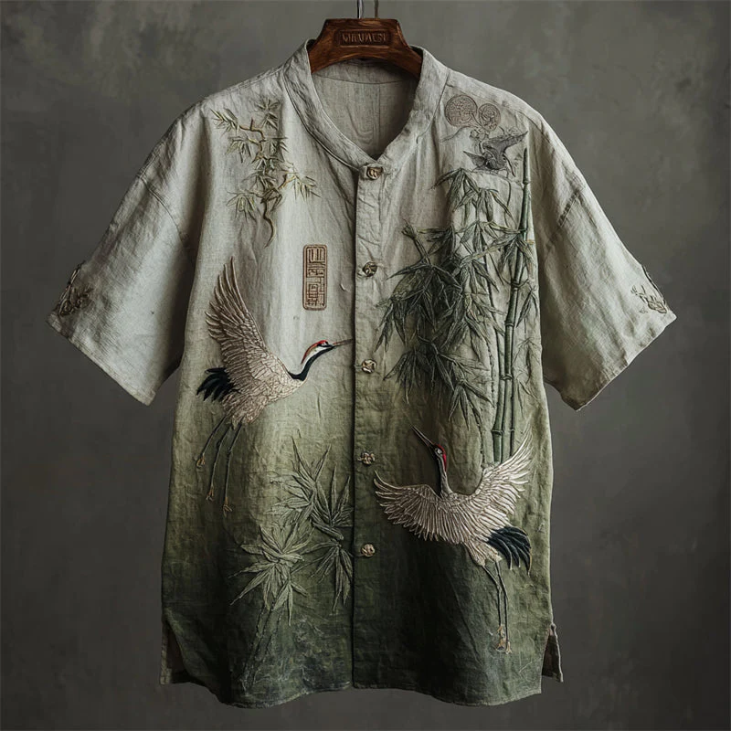 VIROX Crane & Bamboo Embroidered Linen Shirt – Vintage Chinese Style (S)