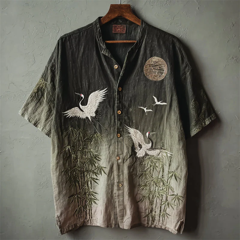 VIROX Crane & Bamboo Embroidered Vintage Shirt – Nature Art Short Sleeve Button-Up (S)