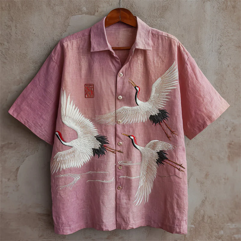 VIROX Pink Crane Embroidered Linen Shirt – Vintage Asian Art Short Sleeve (S)