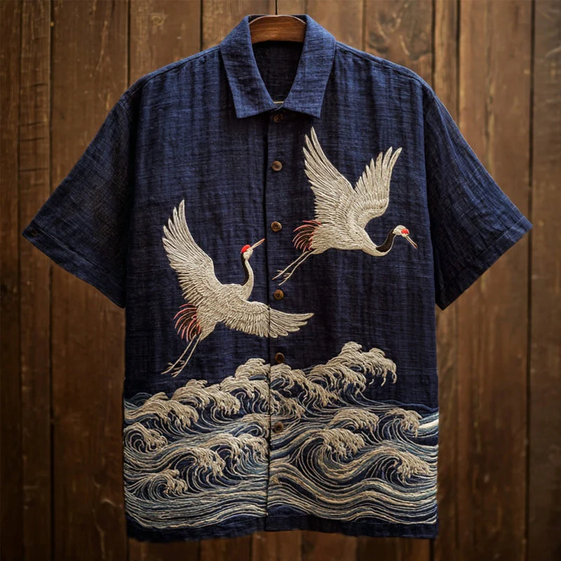 VIROX Flying Crane Wave Embroidered Shirt – Vintage Ocean Art Short Sleeve Button-Up (S)