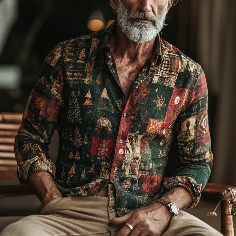 VIROX Vintage Patchwork Linen Shirt – Retro Art Print Casual Button-Up