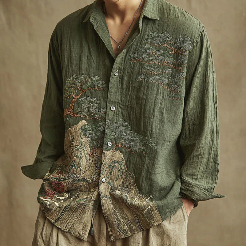 VIROX Olive Green Embroidered Linen Shirt – Mountain & Pine Landscape Vintage Shirt X
