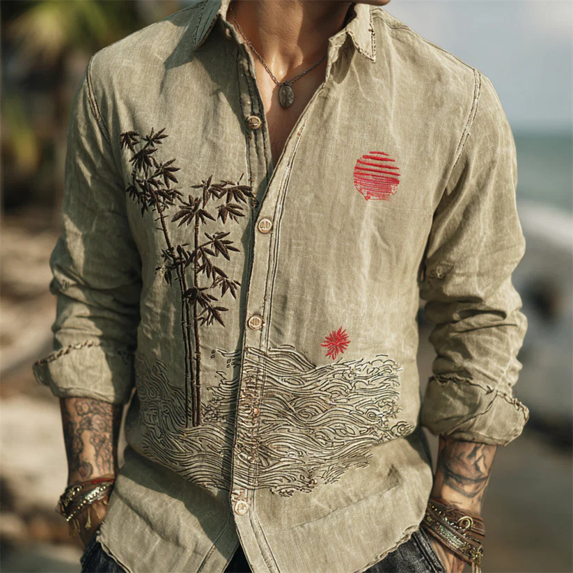 VIROX Beige Embroidered Linen Shirt – Bamboo & Wave Vintage Button-Down