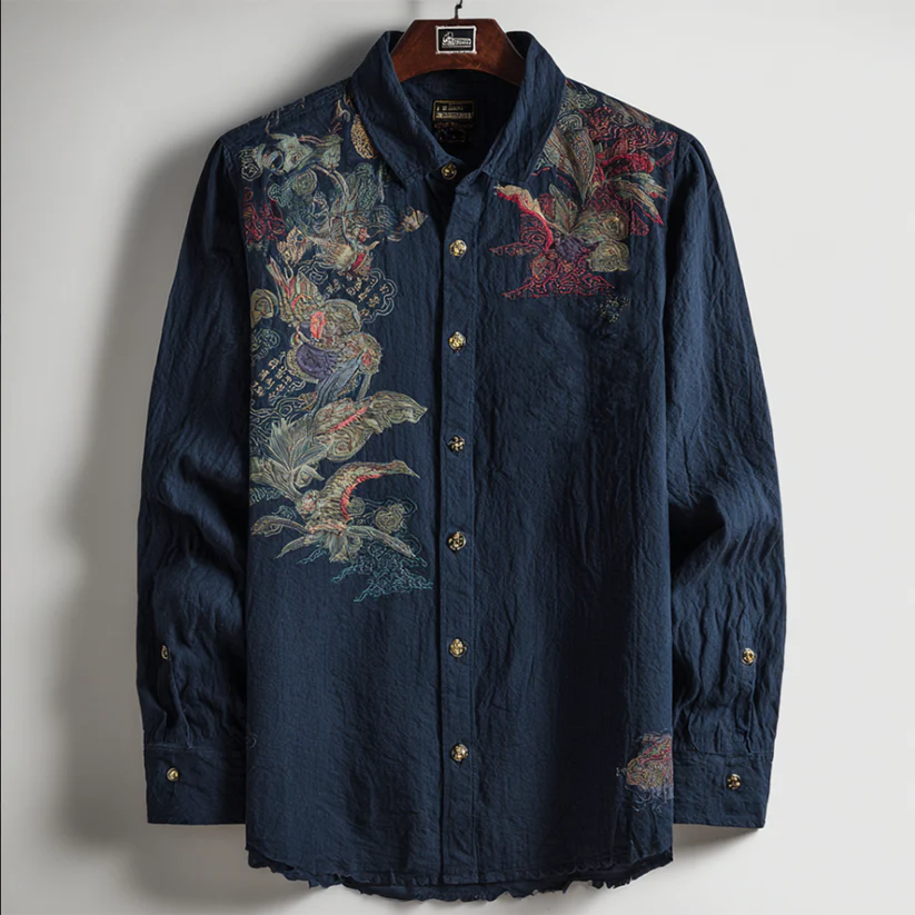 VIROX Navy Embroidered Linen Shirt – Vintage Botanical Button-Up
