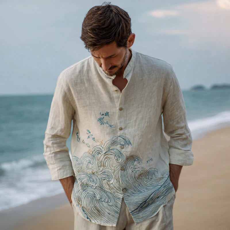 VIROX Beige Wave Embroidered Linen Shirt – Coastal Ocean Button-Up