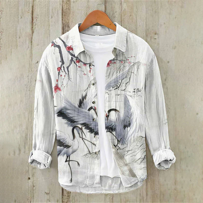 VIROX White Crane Ink Painting Linen Shirt – Japanese Art Style Long Sleeve Button Down