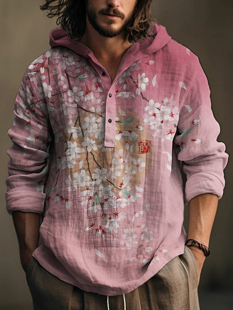 VIROX Floral Hooded Linen Shirt – Vintage Pink Sakura Pullover Hoodie Shirt