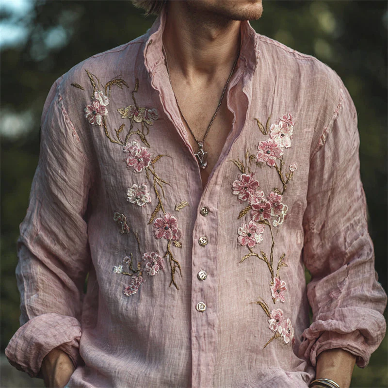 VIROX Pink Embroidered Linen Shirt – Floral Vintage Button Shirt