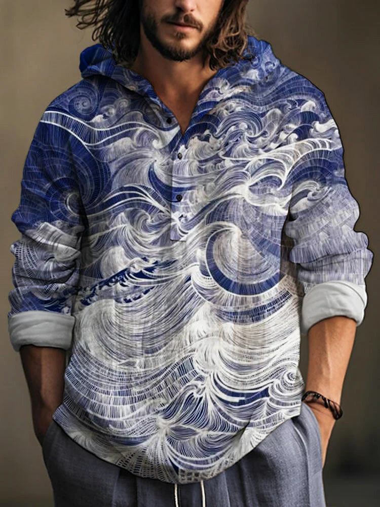 VIROX Wave Print Hooded Linen Shirt – Vintage Ocean Art Pullover Top
