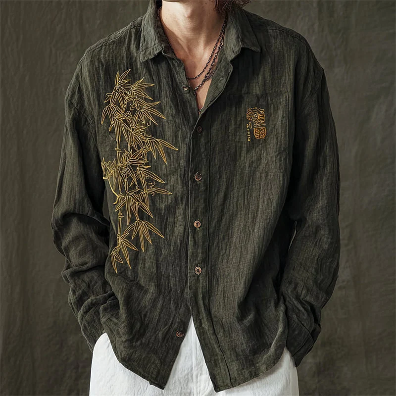 VIROX Dark Green Embroidered Linen Shirt – Bamboo Vintage Button-Down Shirt