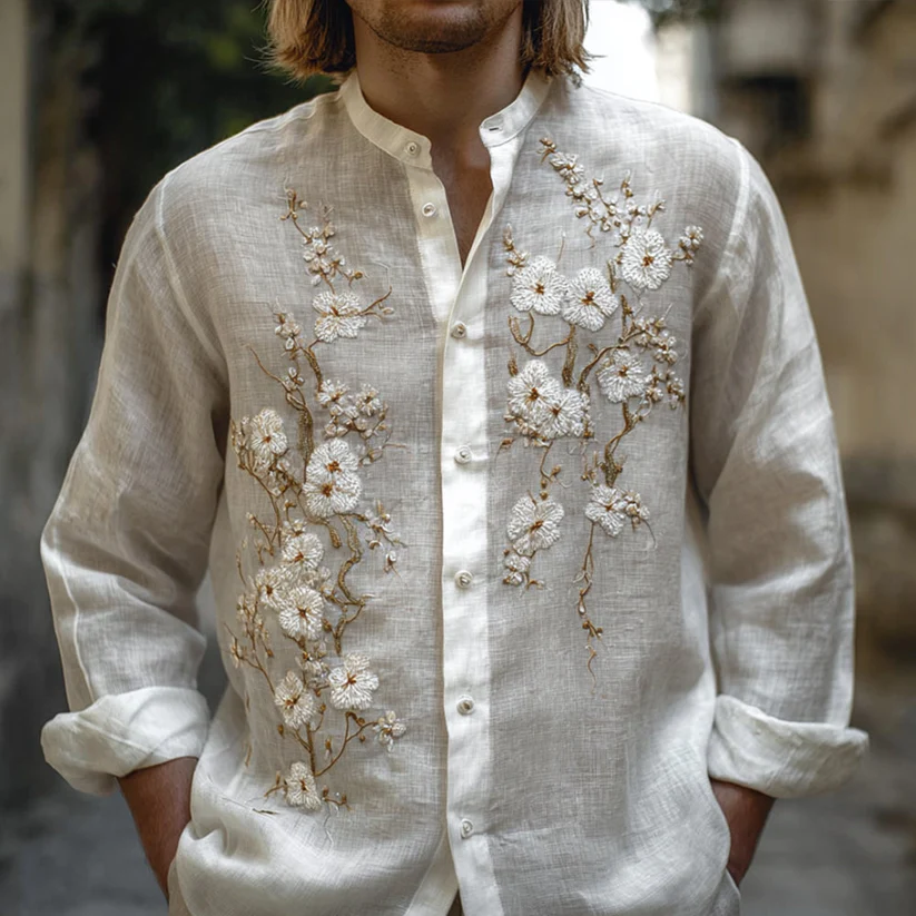 VIROX White Embroidered Linen Shirt – Mandarin Collar Floral Vintage Shirt