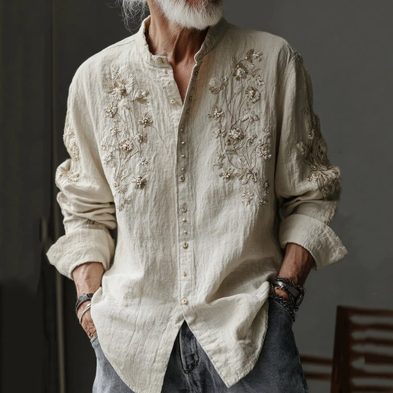 VIROX Beige Embroidered Linen Shirt – Mandarin Collar Vintage Floral Shirt