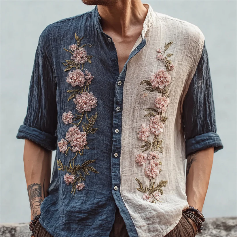 VIROX Two-Tone Embroidered Linen Shirt – Floral Vintage Button-Up Top