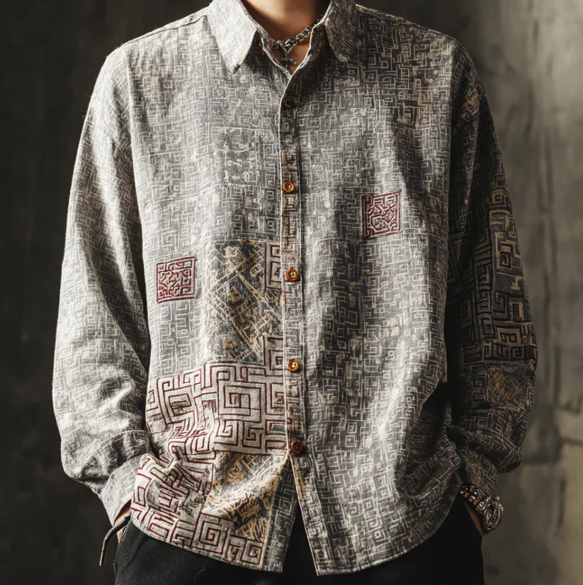 VIROX Grey Geometric Linen Shirt – Vintage Maze Pattern Button-Down Shirt