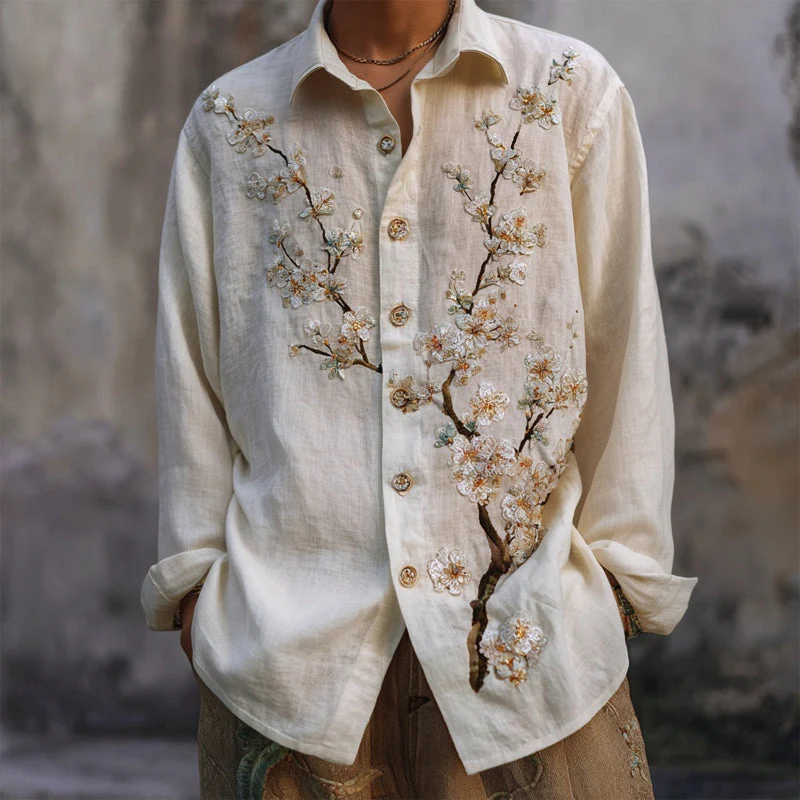 VIROX Ivory Embroidered Linen Shirt – Blossom Branch Vintage Button-Down